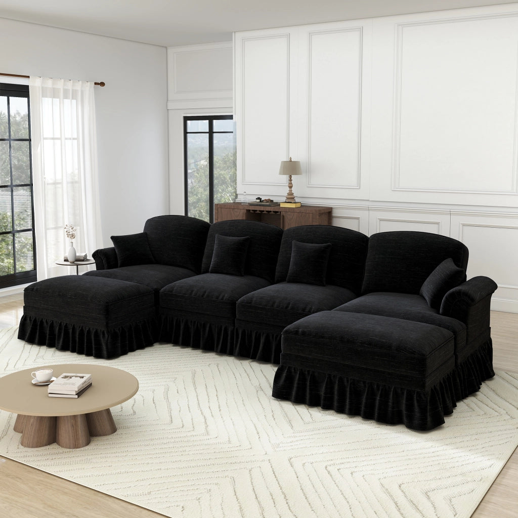 Divano Modulare U 4 Posti in Chenille con Poggiapiedi ¨C Xylo ¨C Nero, Braccioli, Gambe