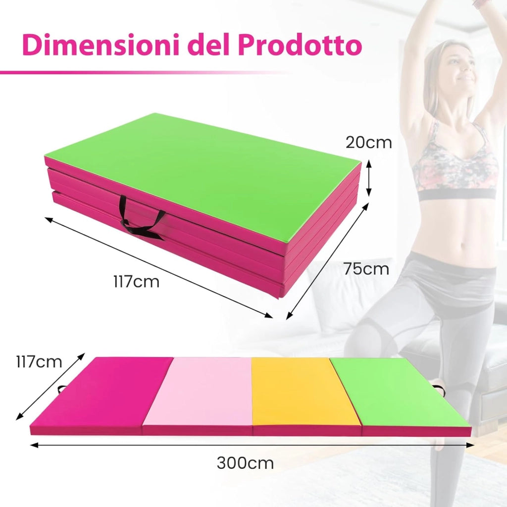 Tappetino Palestra Pieghevole a 4 Pannelli, Tappetino Ginnastica 300 x 117 x 5 CM con Maniglie e Chiusure a Strappo, per Ginnastica, Yoga e Stretching