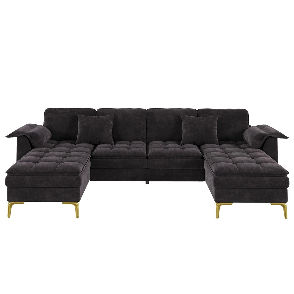 Divano angolare 4 posti con 2 chaise longue ¨C Minimal ¨C nero, tessuto chenille, gambe metallo, con cuscini