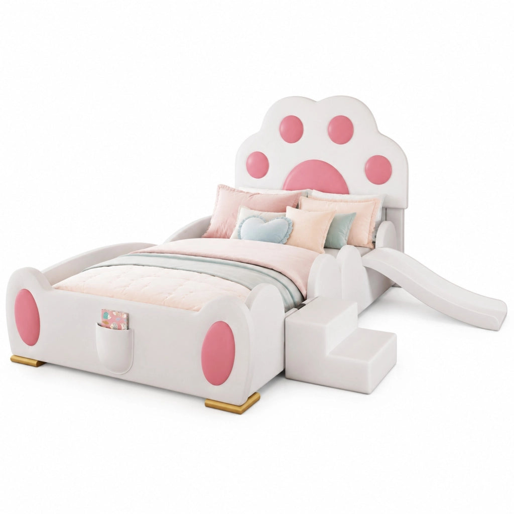 Letto imbottito per bambini con scivolo e scala; 90x200 cm; in PU bianco e rosa