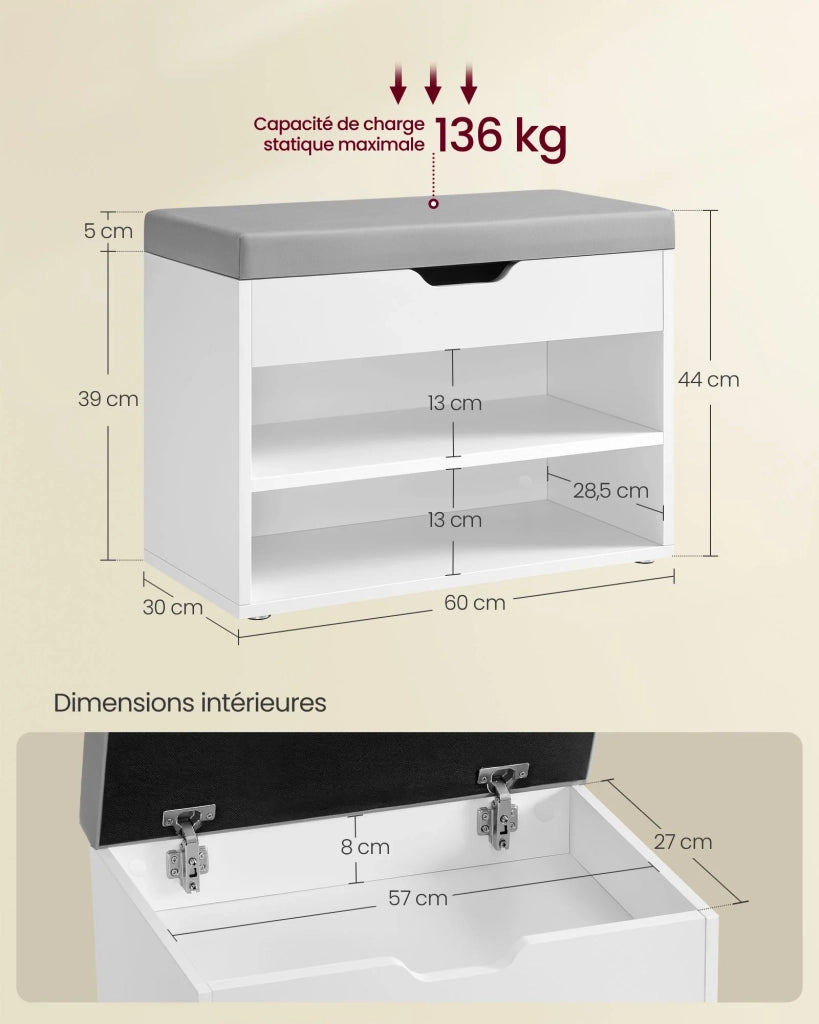 Panca portascarpe scarpiera con seduta imbottita panca da ingresso con 3 scomparti e seduta imbottita 30 x 60 x 44 cm per ingresso camera da letto soggiorno bianco 12_0004088
