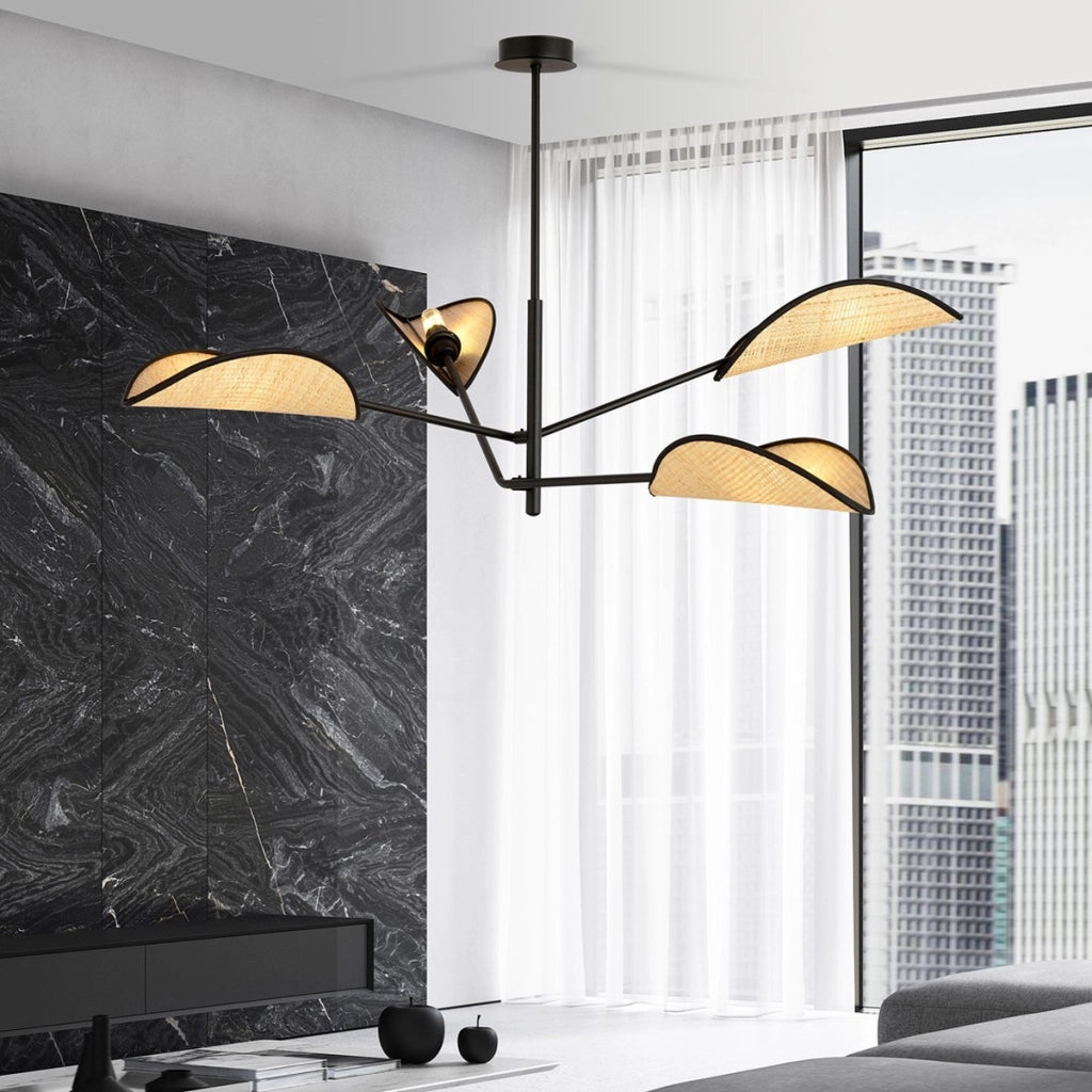 Lampada a sospensione Vene in acciaio nero e rattan