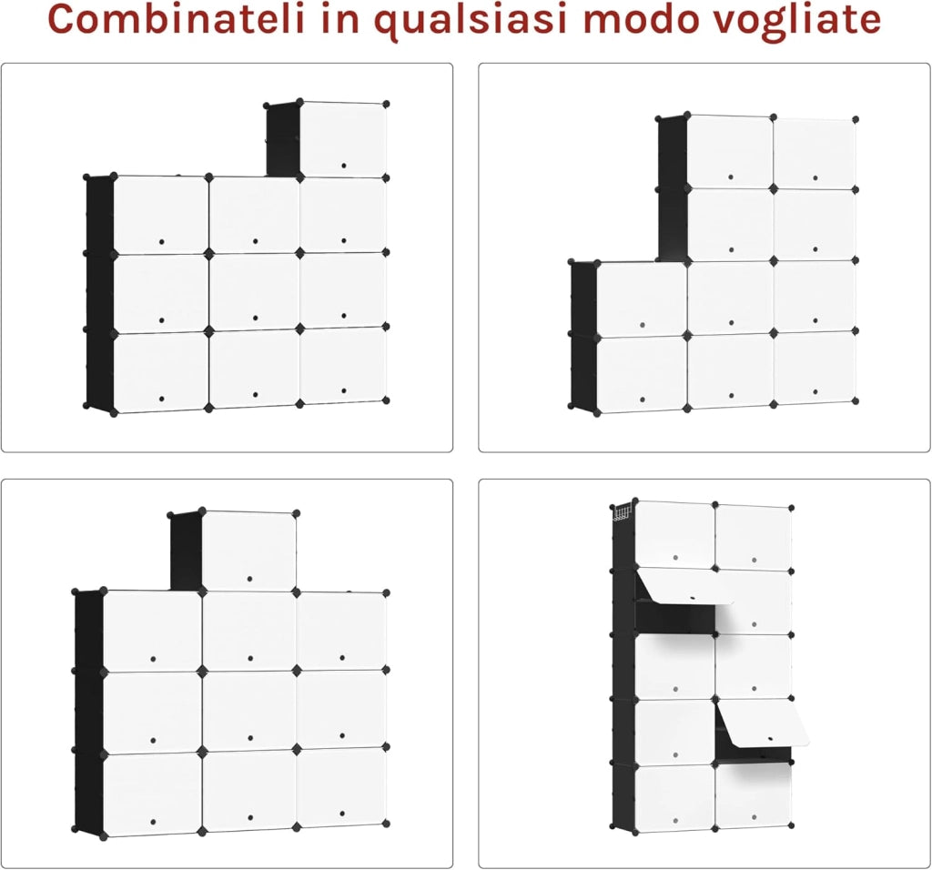 Scarpiera da Ingresso, Porta Scarpe con 10 Scomparti, Scarpiera Modulare per 40 Paia di Scarpe, Contenitore per Scarpe con Porte, in Plastica e Metallo, Bianco + Nero, 35x35x45cm/Scomparto