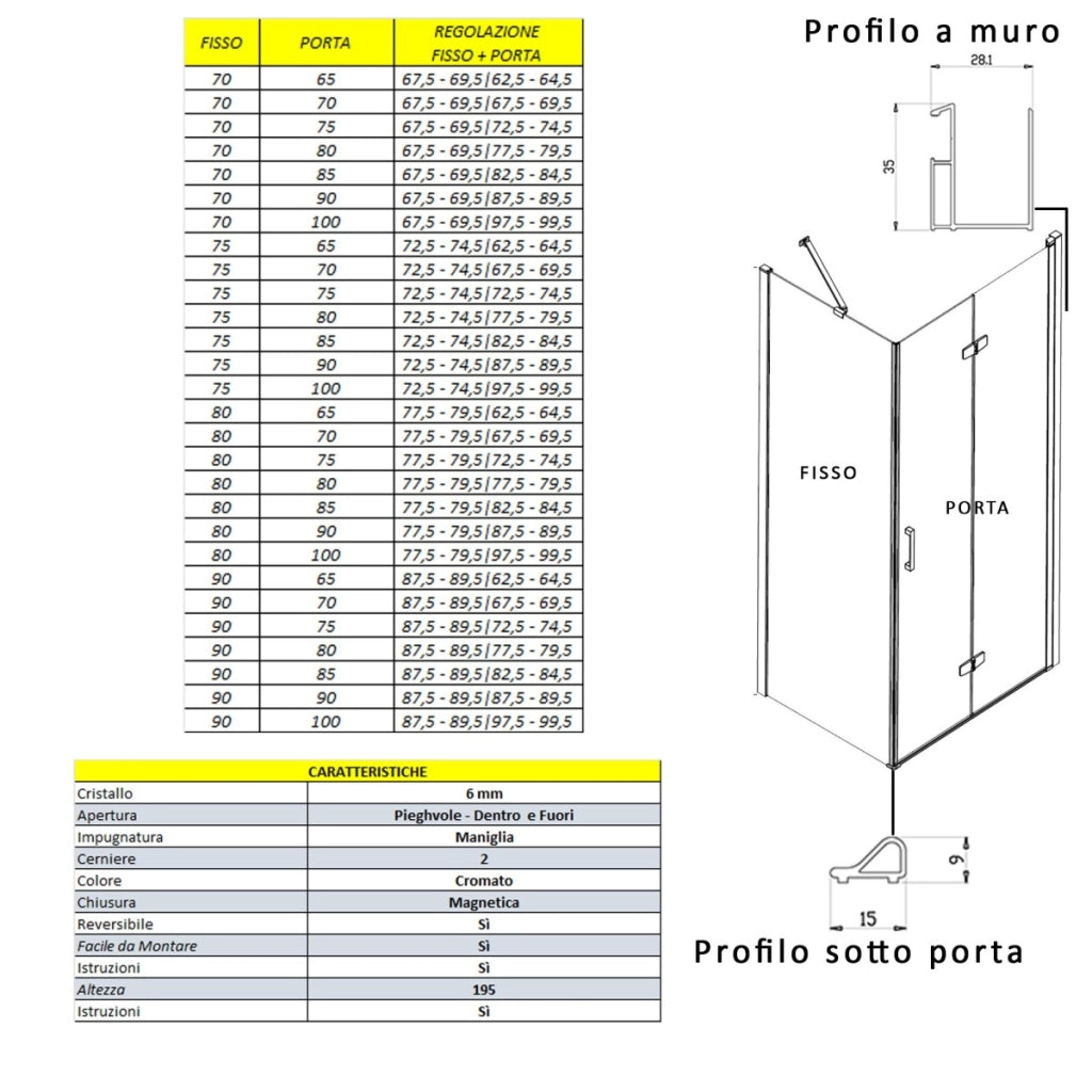 Porta doccia 2 lati porta pieghevole e lato fisso h195cm 6mm rea, misura 75x90