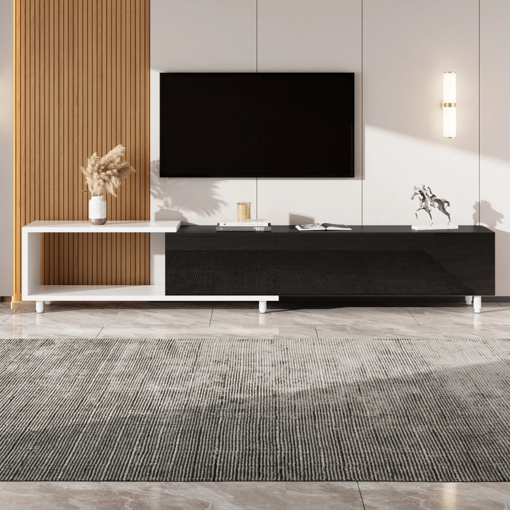 Mobile TV allungabile con 3 ante e vani aperti - per soggiorno - in truciolare e MDF - 258×38×48.5 cm - nero e bianco