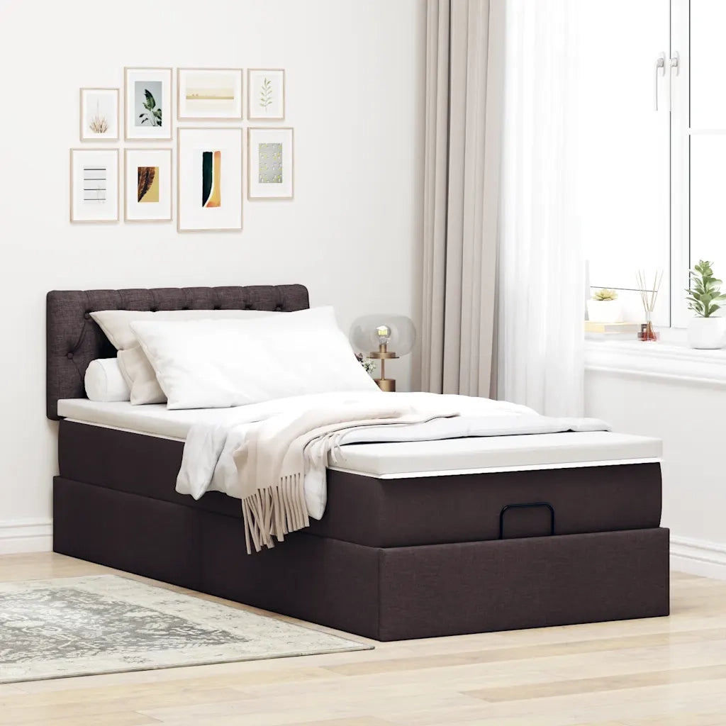 Pouf Letto con Materasso Marrone Scuro 100x200 cm in Tessuto