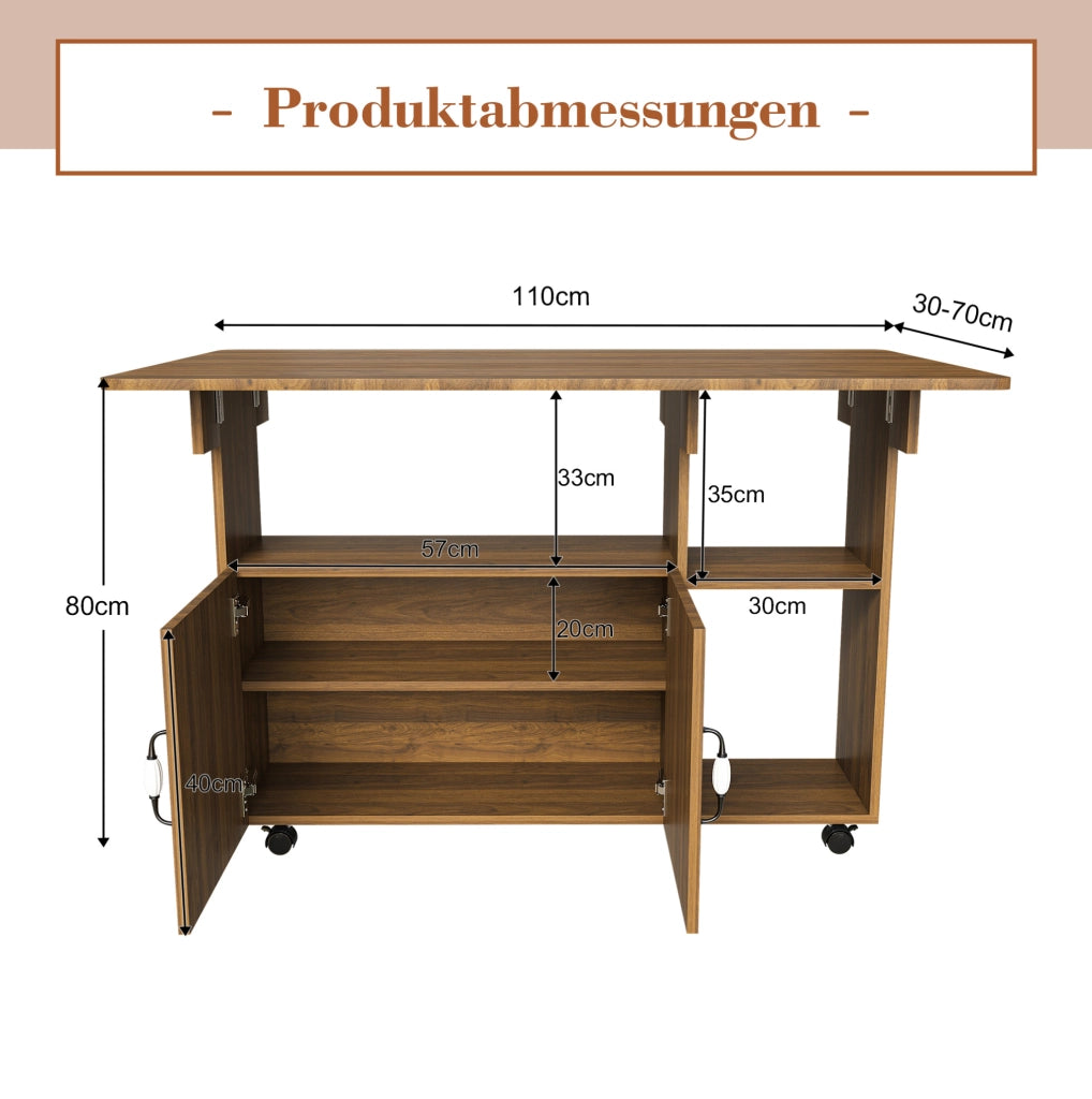 Tavolo pieghevole multifunzione 110x70 cm in MDF effetto noce; con ruote e vani contenitori