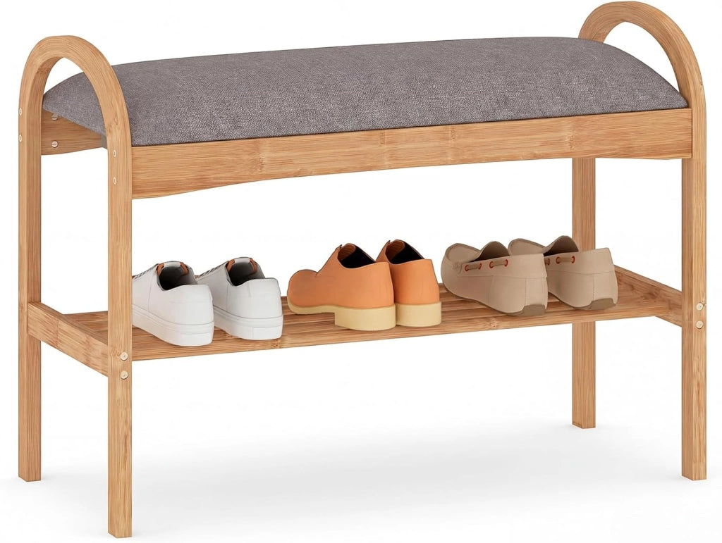 Scarpiera con Cuscino, Panca Porta Scarpe in Bambù per Ingresso con Ripiano, Panca Imbottita per Ingresso Corridoio Camera da Letto (Stile 1)