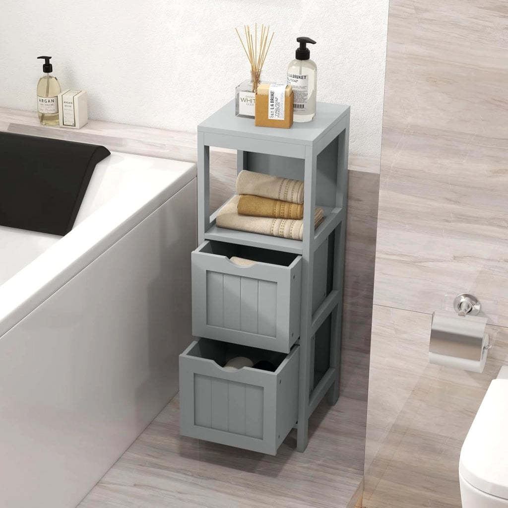 Mobile Bagno Stoccaggio a 3 Livelli, Colonna Bagno Cassettiera Armadio con Mensola Aperta e 2 Cassetti, Armadio su Piede per Soggiorno, Cucina, WC, 30 x 30 x 90 cm (Grigio)