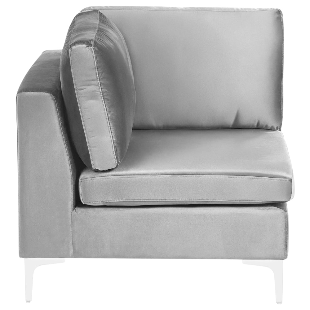 Divano ad angolo componibile versione sinistra a 4 posti in velluto grigio con gambe in metallo argento stile glamour