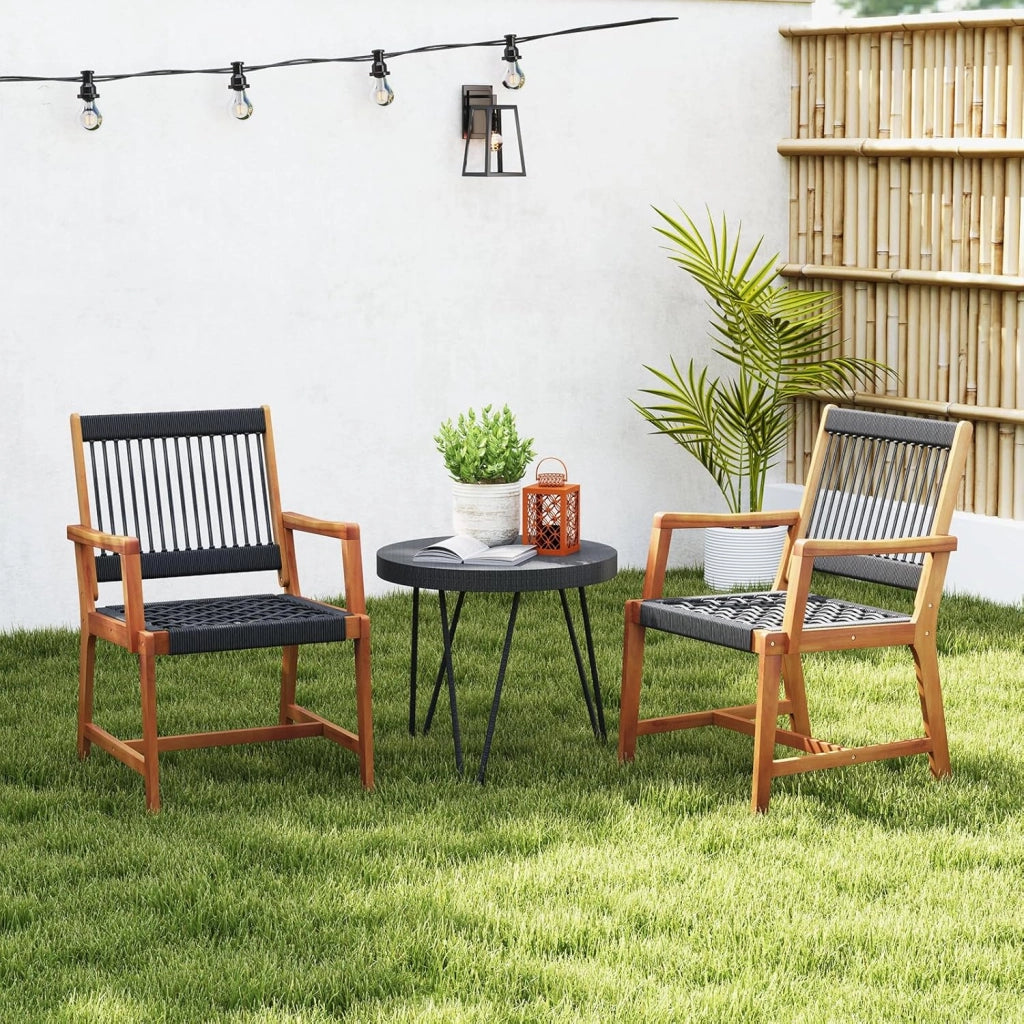 Set di 2 Sedie da Pranzo in Legno di Acacia per Esterno, Sedie da Giardino Intrecciate con Braccioli, Sedia in Legno di Acacia con Tessitura di Corda di Plastica, Capacità di Carico di 160 kg
