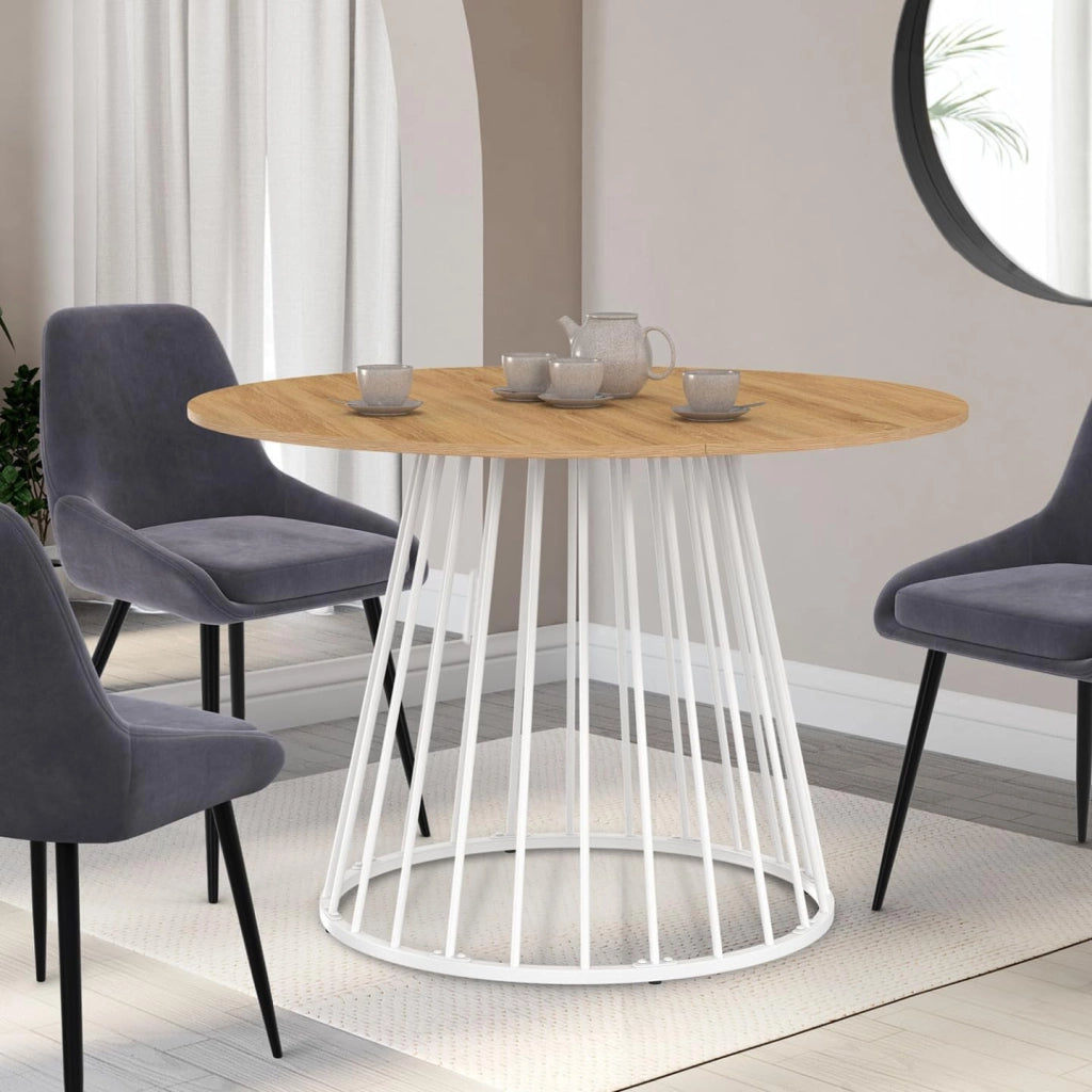 Tavolo da pranzo rotondo allungabile YUNA per 4-8 persone con piano in legno e gamba in filo metallico bianco 110-150 cm