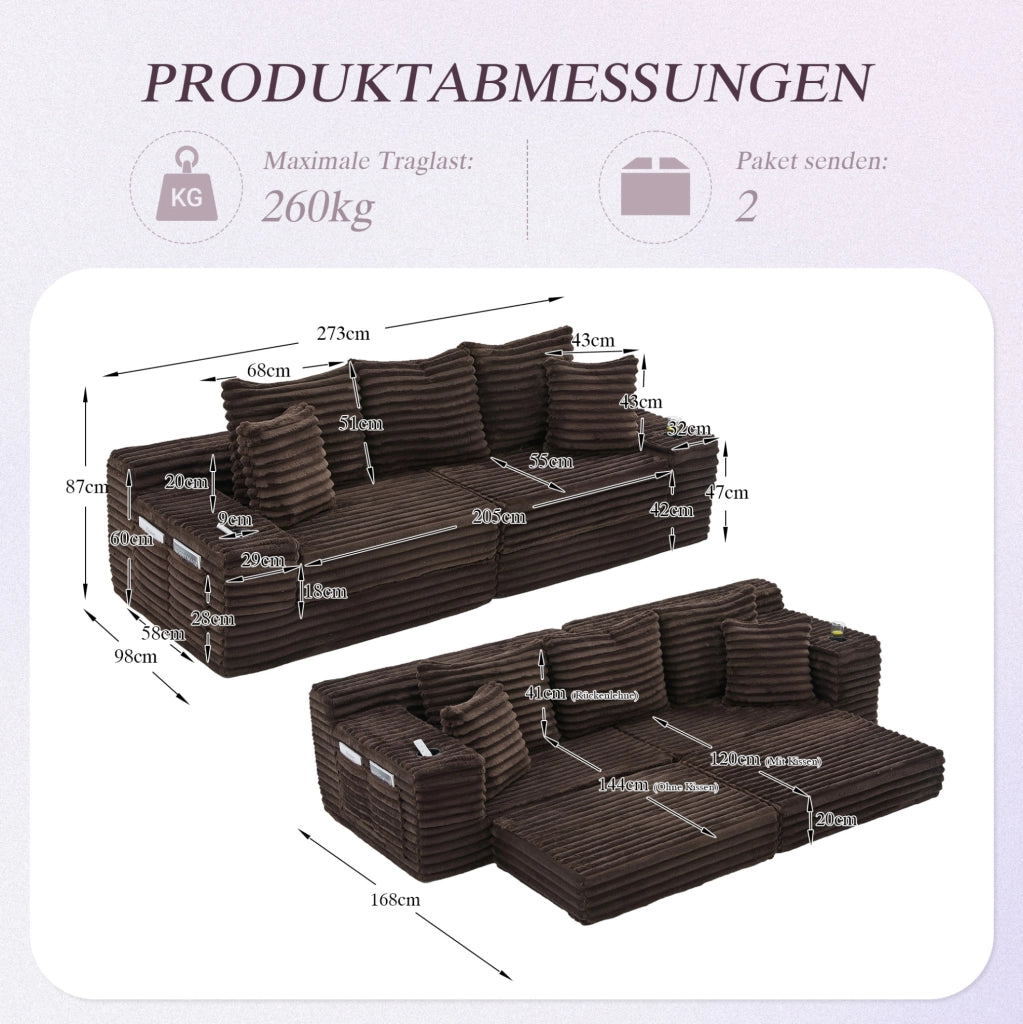 Divano letto modulabile in velluto a coste marrone caffè con tasche e portabicchieri