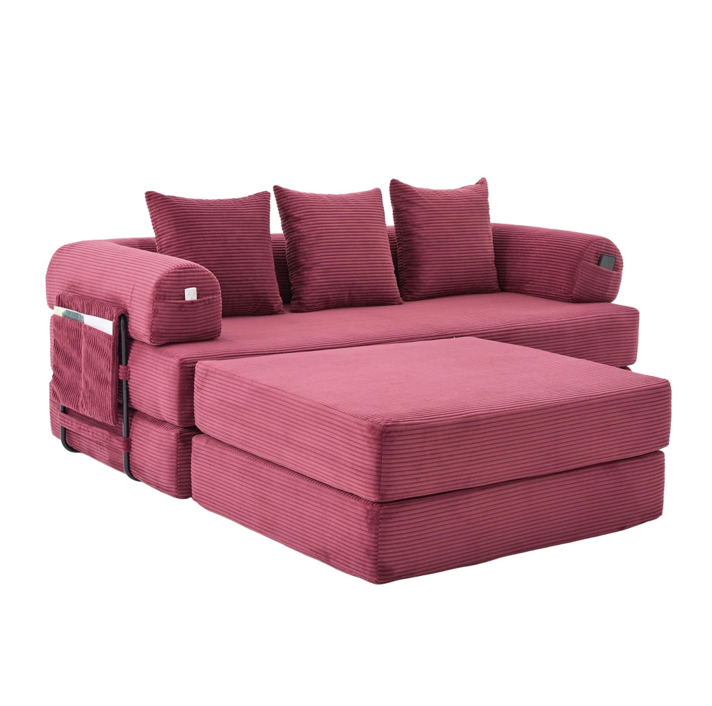 Divano modulare con pouf in velluto a coste; struttura in metallo e tasca laterale; rosso vino