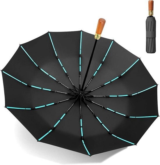 Paraplu stormbestendig con manico in legno - Automatico, ermetico, formato XXL per 2 persone - Uomo e donna - Diametro 108 cm - Nero