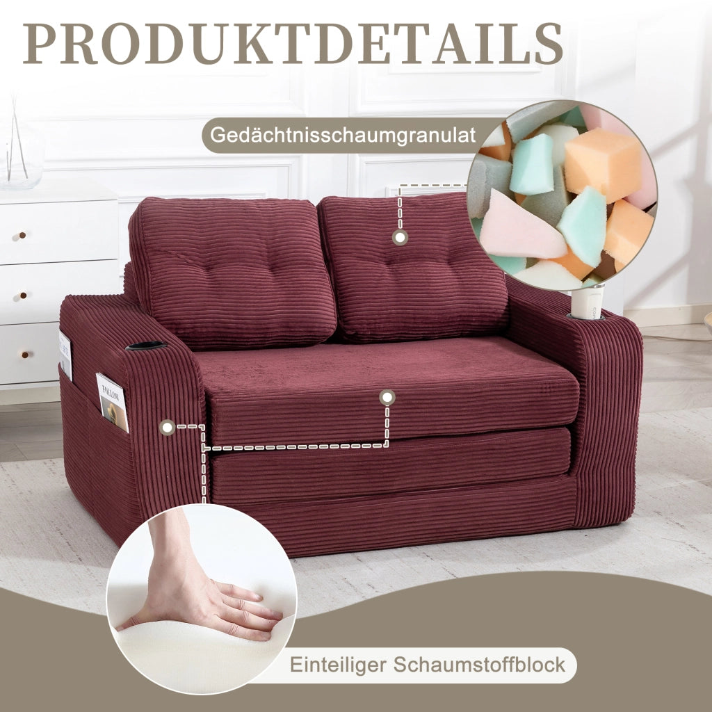 Divano modulare a 2 posti in velluto a coste con portabicchieri e tasche laterali; per soggiorno; 136 × 80 × 82.5 cm