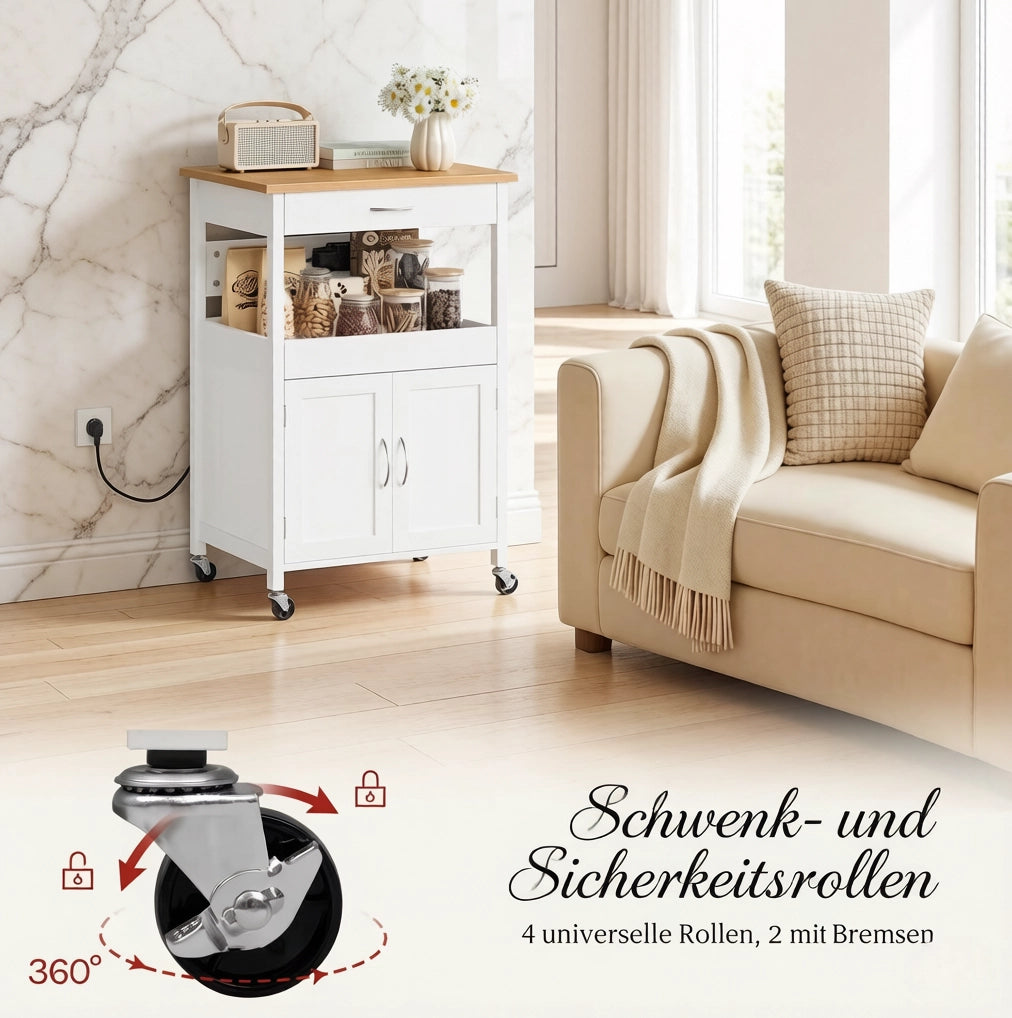 Carrello da Cucina Mobile con Ruote, Mobiletto Multiuso con Ripiani, Cassetto e Armadietto, MDF Effetto Bambù e Bianco, 60x45x92 cm