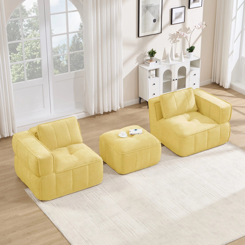 Divano modulare 2 posti ad angolo con pouf 198x162x67 cm in poliestere giallo