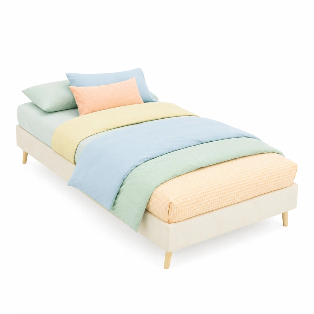 Letto imbottito per bambini 90x200 cm beige con testiera a forma cartoon, struttura robusta e montaggio semplice