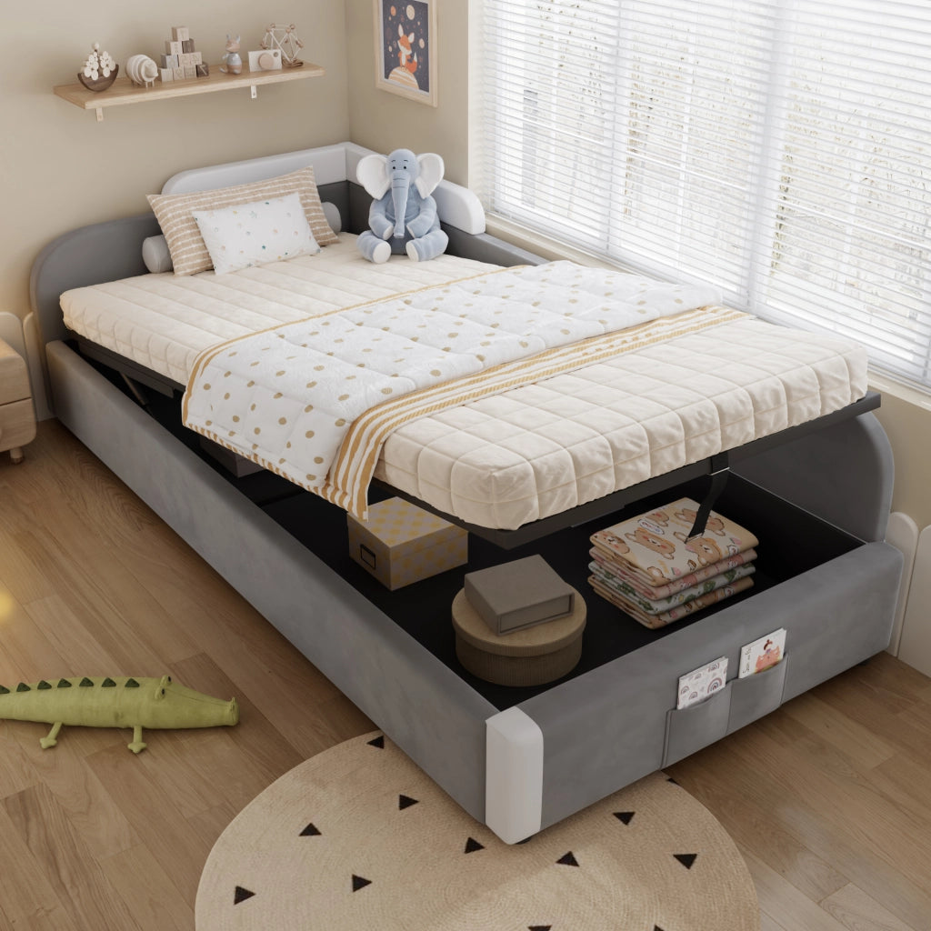 Letto Singolo 90x200 cm; Letto con Contenitore; Tasca portaoggetti; Sponda imbottita e Maniglie a cinghia
