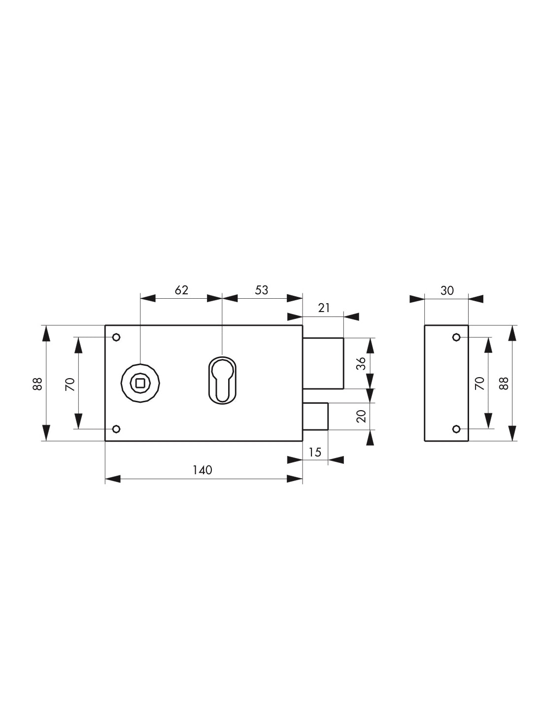 Serratura orizzontale da applicare doppio cilindro con quadro maniglia , destra, asse 53mm, 140x88mm, nero - THIRARD