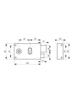 Serratura orizzontale da applicare doppio cilindro con quadro maniglia , destra, asse 53mm, 140x88mm, nero - THIRARD