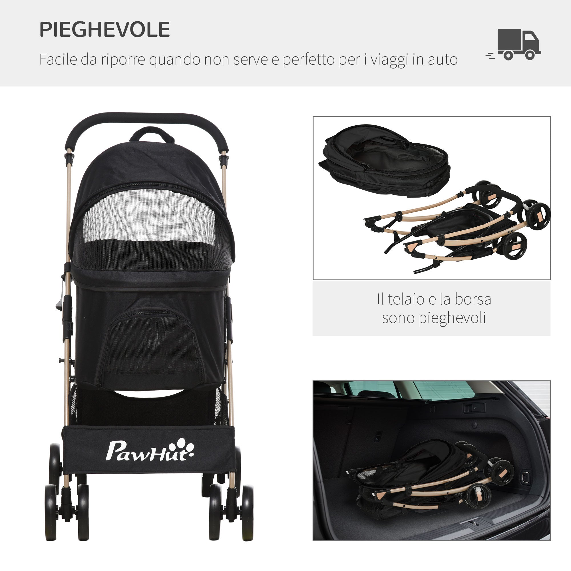 Passeggino per Cani Pieghevole 82x49,5x98 cm con Tettuccio Nero