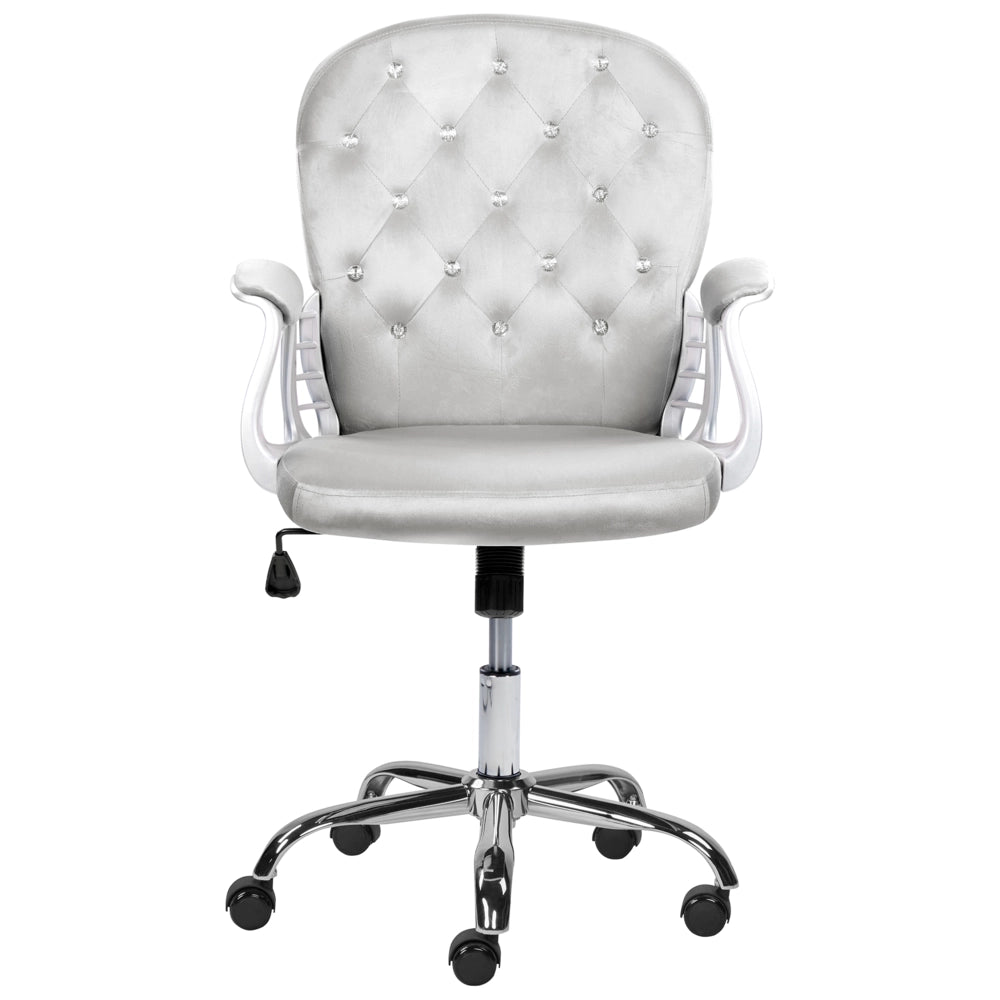 Sedia da ufficio in velluto grigio chiaro con cristalli e altezza regolabile e schienale trapuntato stile retrò moderno
