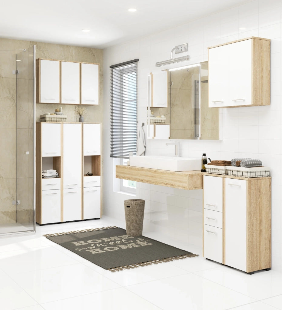 Mobile bagno AKORD Sonoma Quercia 30 cm 2 ante 1 cassetto inserto frontale Bianco 30x30x85 cm