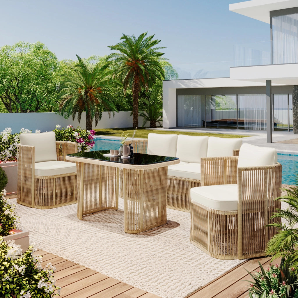 Set di mobili da giardino in rattan in PE a 5 pezzi con divano a 3 posti 2 poltrone e tavolo di vetro ¨C Set soggiorno esterno con cuscini in poliestere struttura in acciaio e piano in vetro temperato per patio e balcone