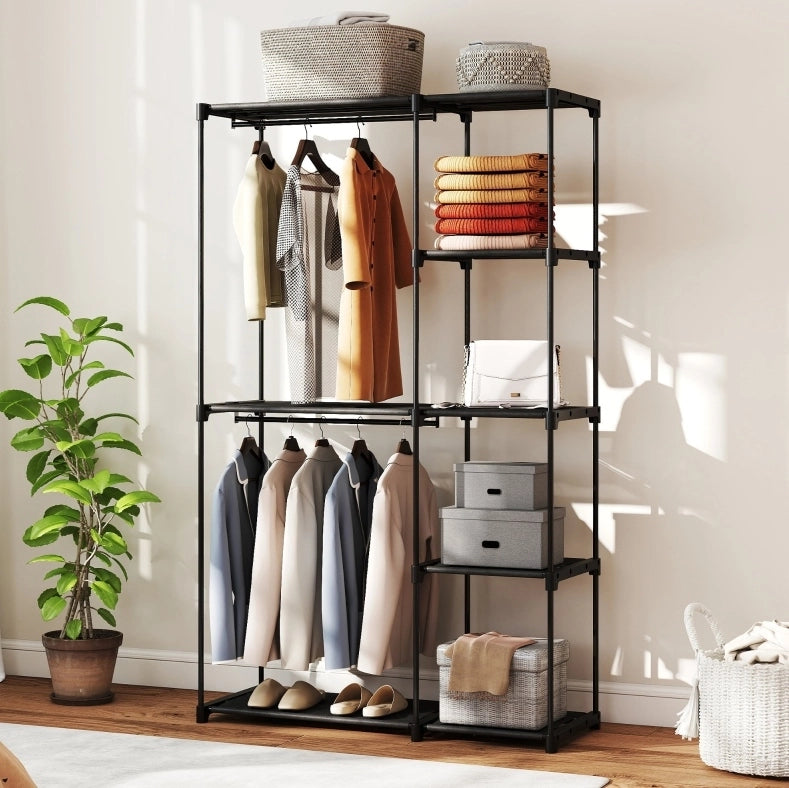 Armadio in tessuto nero con appendiabiti e 6 ripiani, 111 x 43 x 185 cm