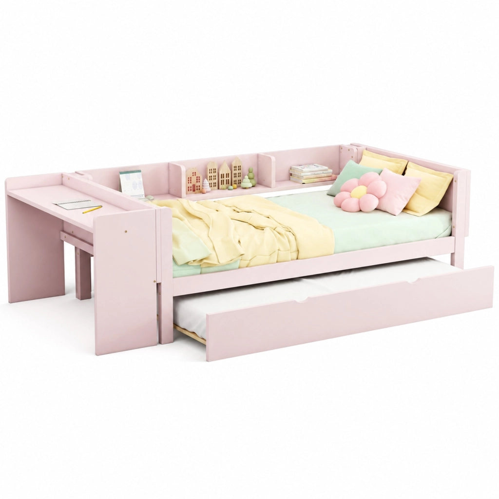 Letto per bambini 90x200 con letto estraibile, scrivania e scaffali laterali, rosa