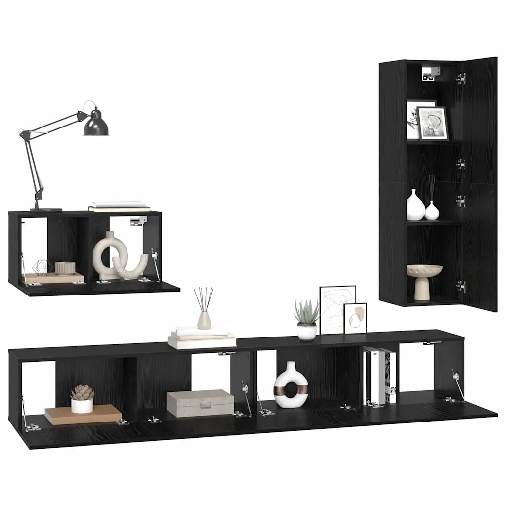 Set mobile TV con cassetto 4 pz-Credenza per TV Rovere Nero Legno multistrato