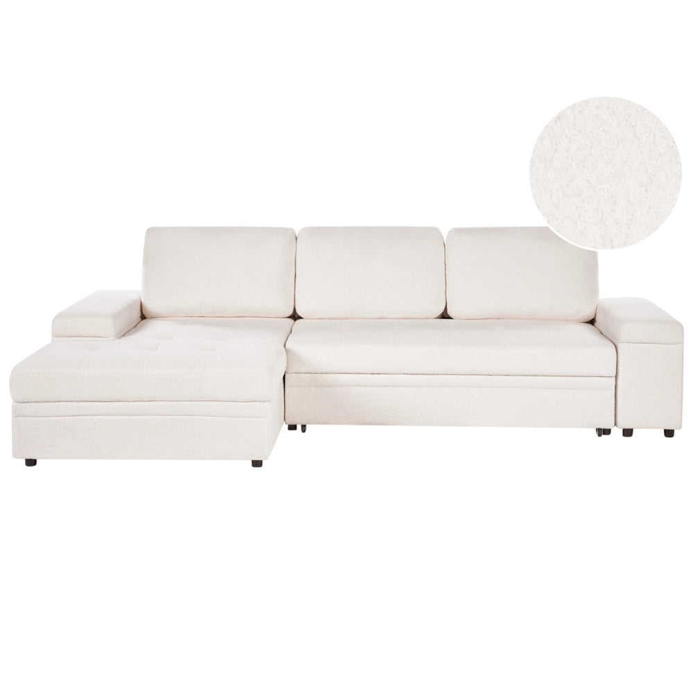 Divano letto angolare Bianco Boucle imbottito Orientamento a destra con letto contenitore