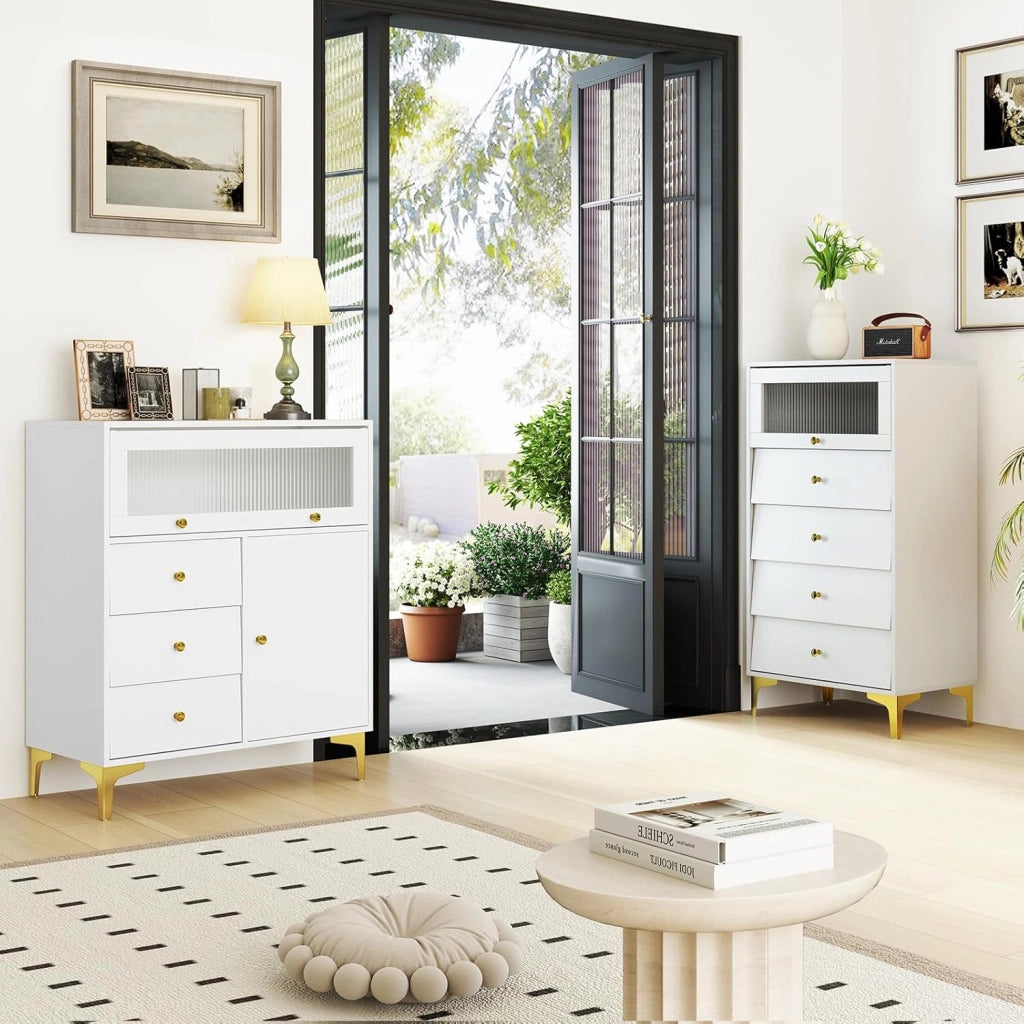 Comò a 3 Cassetti, Comò Alto da 95,5 cm con Porta in Vetro Rigato a Ribalta, 2 Armadi, Maniglie e Gambe Dorate, Torre di Stoccaggio Moderna per Soggiorno, Corridoio, Ingresso