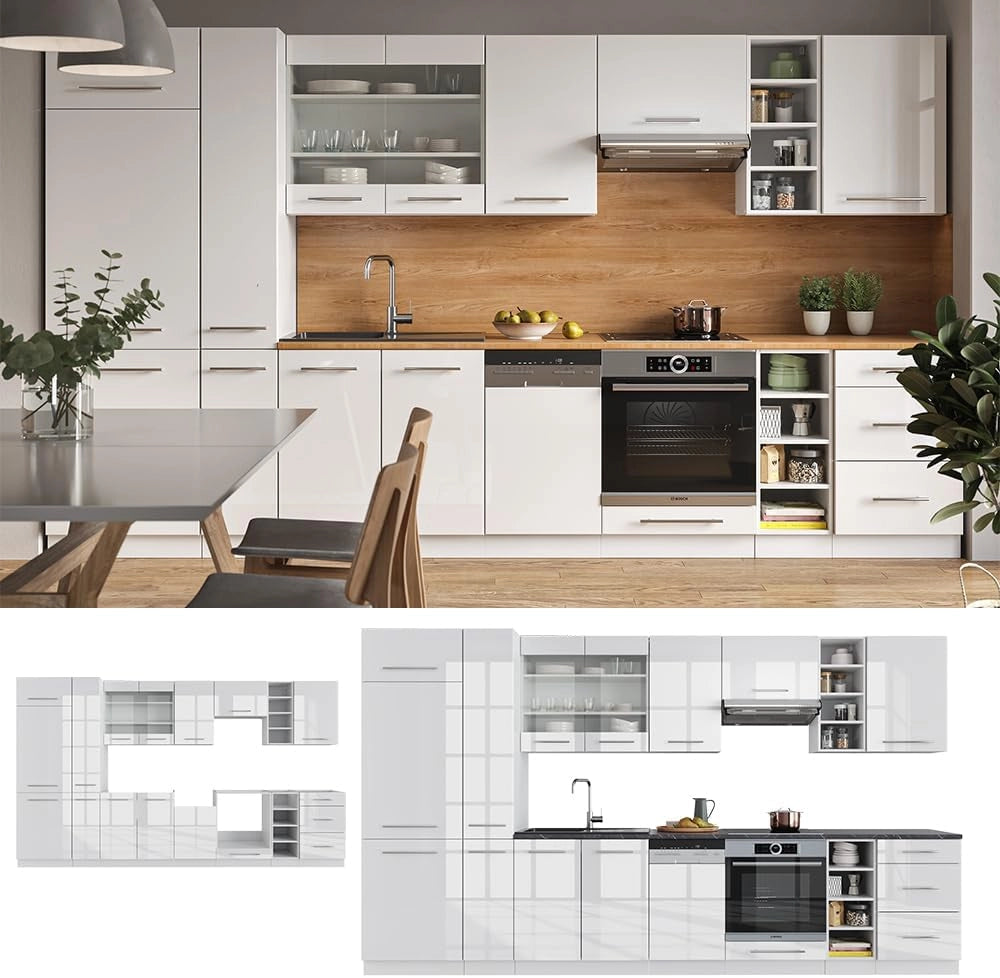 Cucina componibile Fame-Line, Bianco lucido/bianco, 355 cm senza piano di lavoro, adatto per l'espansione personalizzata con moduli aggiuntivi