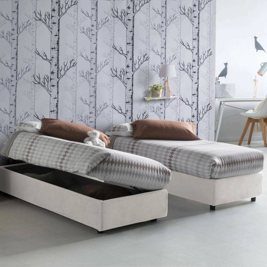 Letto singolo Adoxa, Letto contenitore con rivestimento in tessuto, Made in Italy, Apertura laterale, adatto per materasso cm 80x190, Bianco