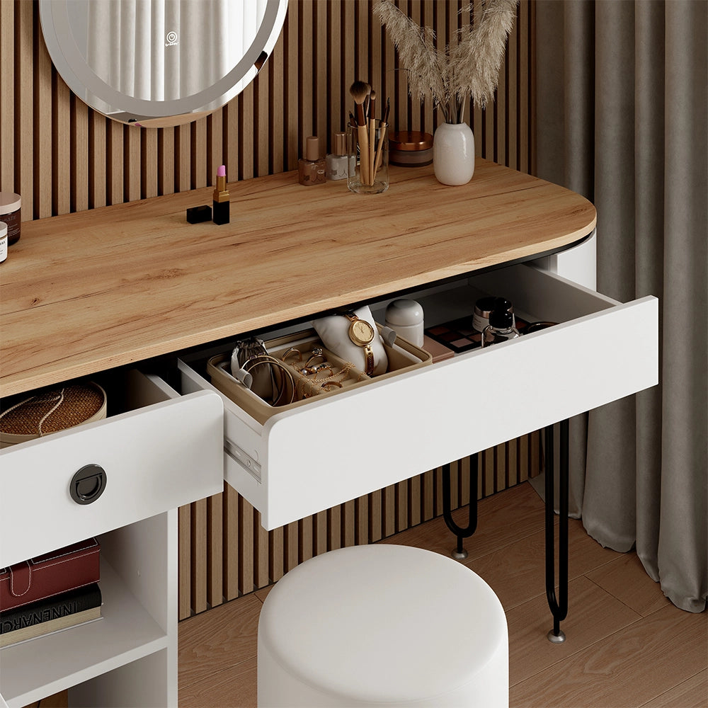 Vicco Tavolo da toilette Bianco/legno naturale 120 cm con specchio LED