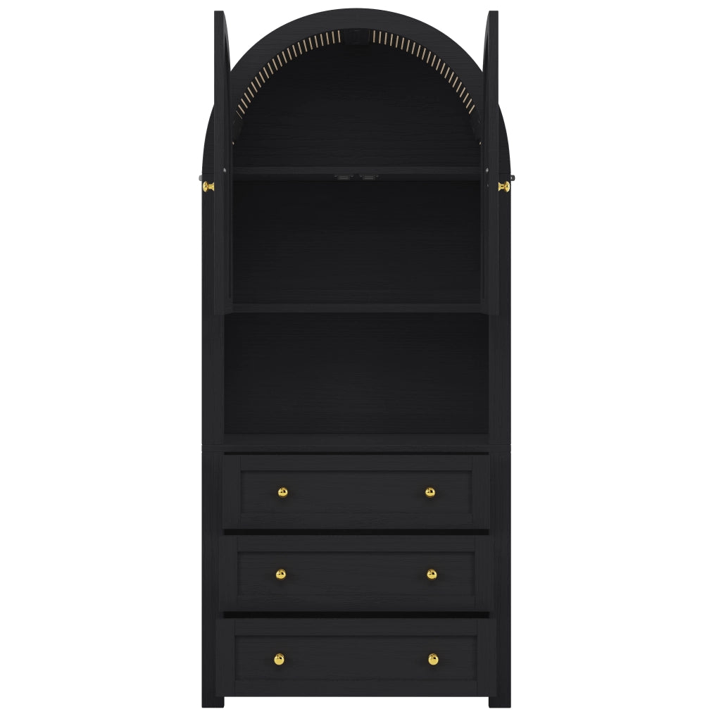 Armadio Alto con 2 Ante e 3 Cassetti; Vano Aperto; Design ad Arco; in MDF; Nero; 70??35??180 cm