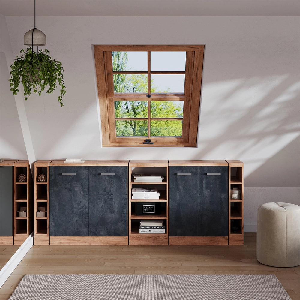Set di mobili sottotetto Rion Calce nera/Rovere dorato 210 cm Set di 5 carcasse armadio profondità 60 cm Vicco
