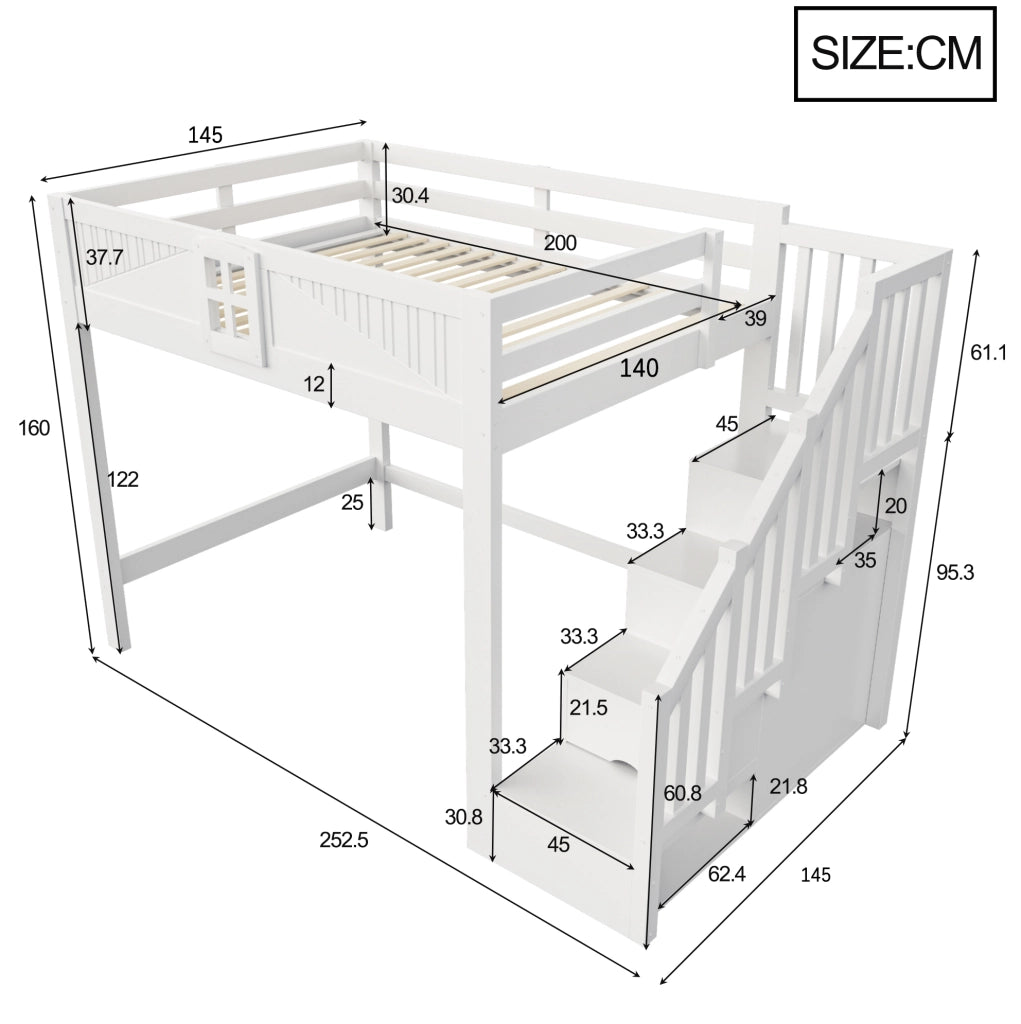 Letto a soppalco 140x200 cm in legno con scala contenitore reversibile