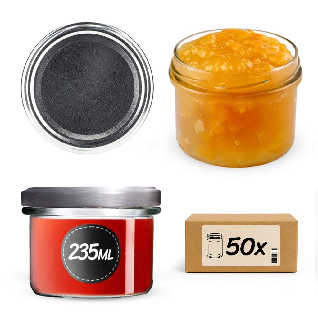 Barattoli di vetro KADAX Tartu 235 ml 50 pezzi 82 mm + coperchi argento