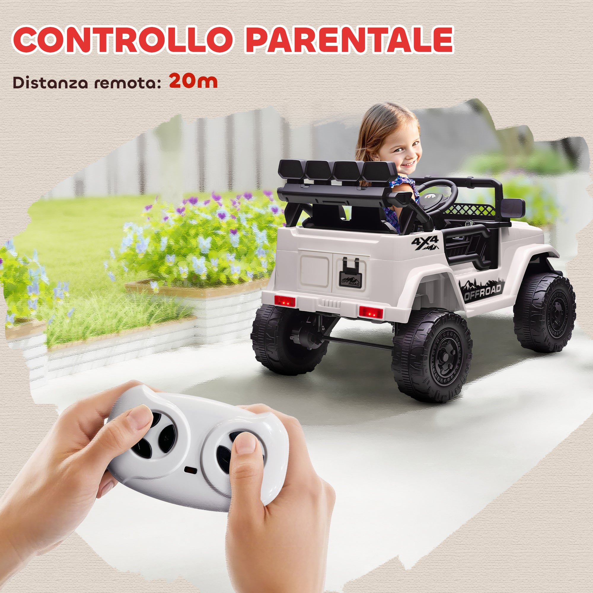 Macchina Fuoristrada per Bambini 99x66x68.5 cm con Fanali Clacson e Telecomando in PP e Metallo Bianco