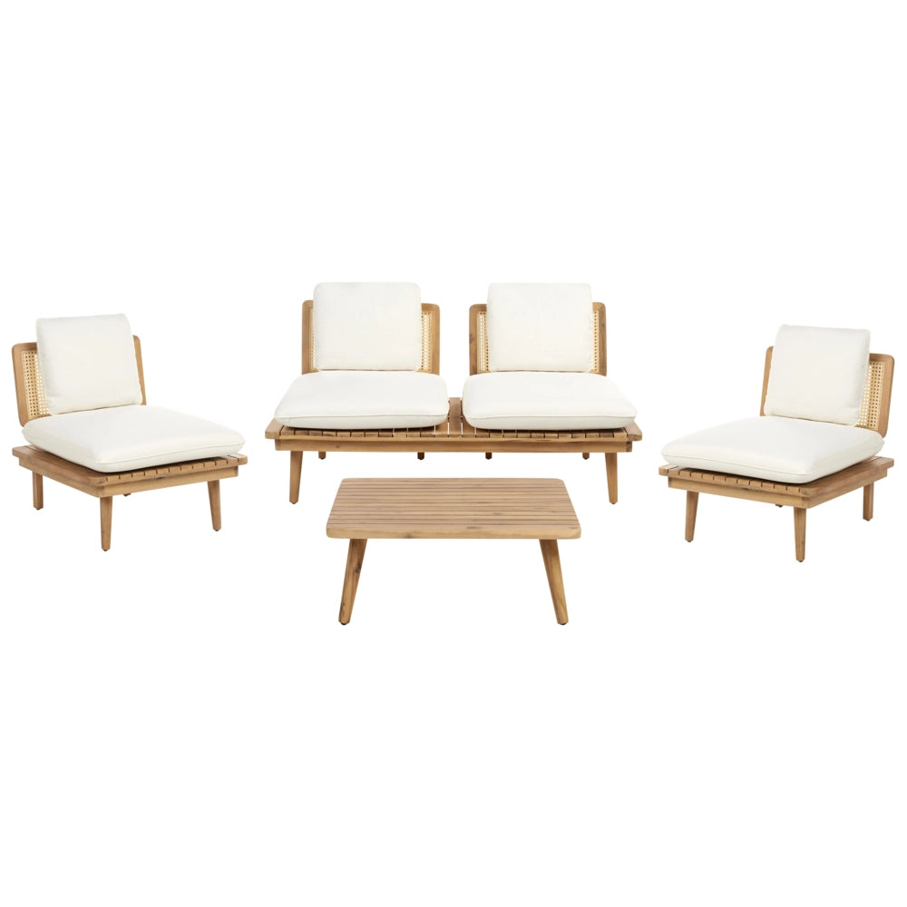 Set da giardino 5 pezzi Legno chiaro con cuscini beige chiaro Divano Poltrona Tavolino 4 posti Set da conversazione Boho