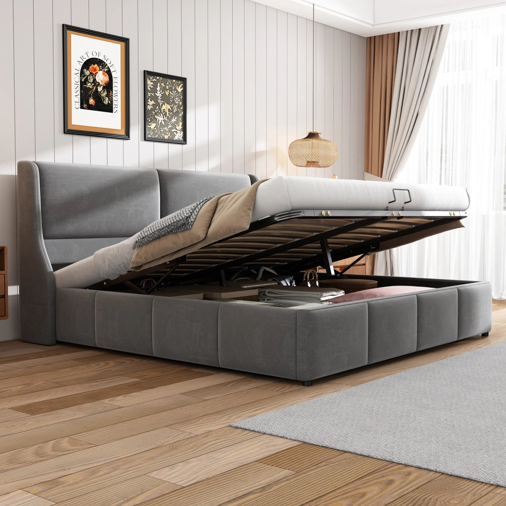 OKWISH Letto Contenitore 160×200 cm, Letto Matrimoniale con Sollevamento Idraulico, Testiera a Orecchie e Vano Contenitore, senza Materasso, Velluto, Grigio