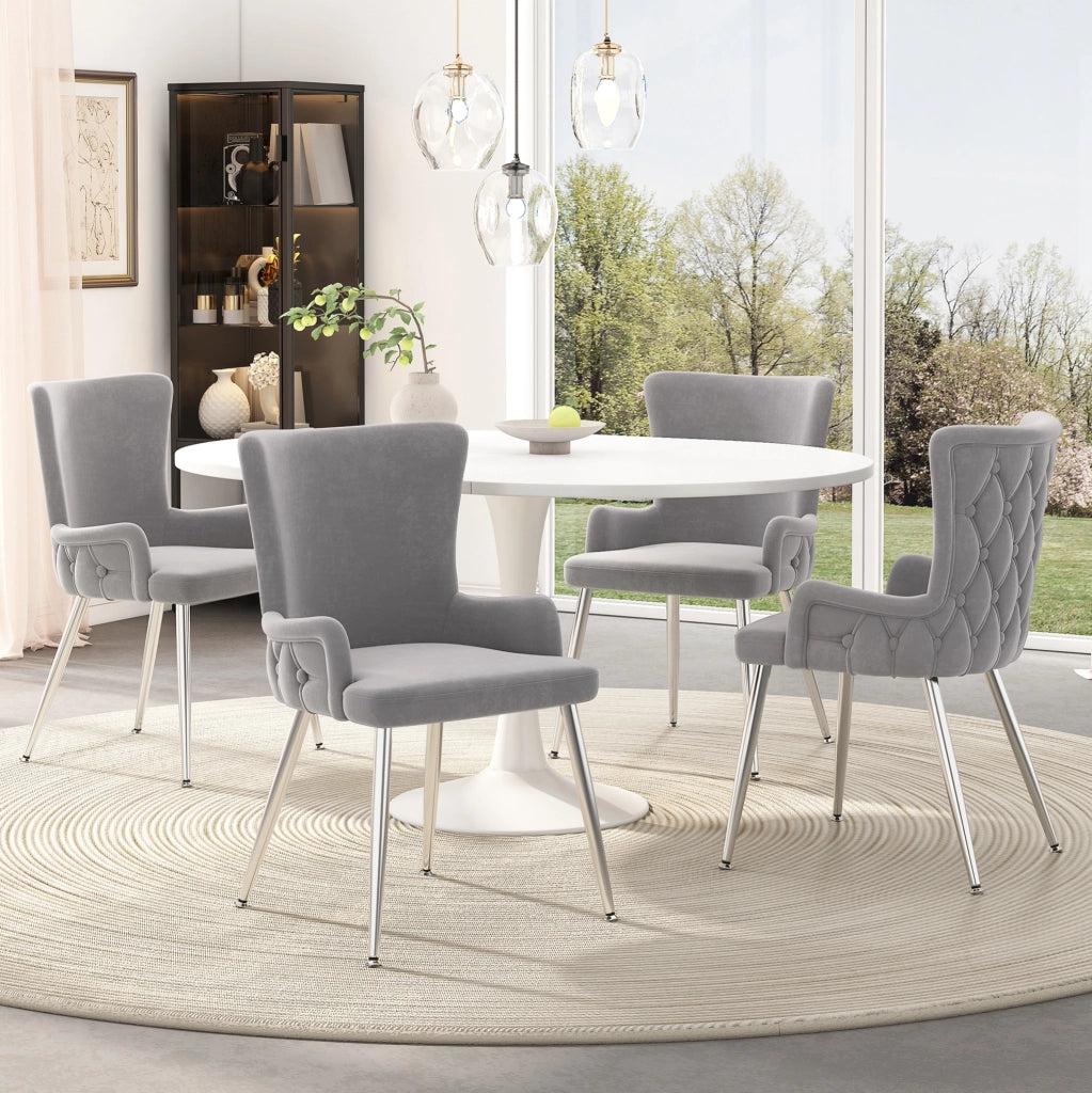 Set di 2 sedie da pranzo in velluto grigio con gambe in metallo argento; stile moderno