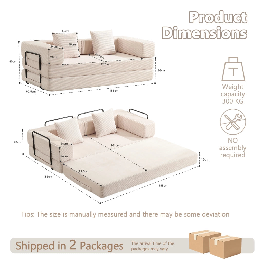 Divano letto pieghevole da pavimento con schienale e braccioli in velluto a coste bianco 185 × 92,5 × 60 cm