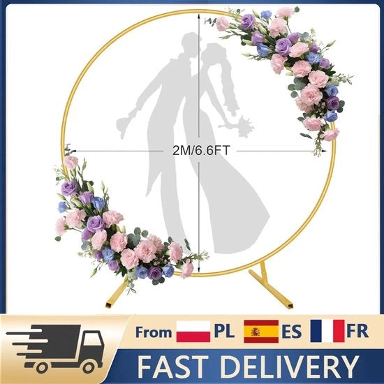 Stand di matrimonio in metallo con cerchio di palloncini e fiori in stile DIY per decorazione di festa.