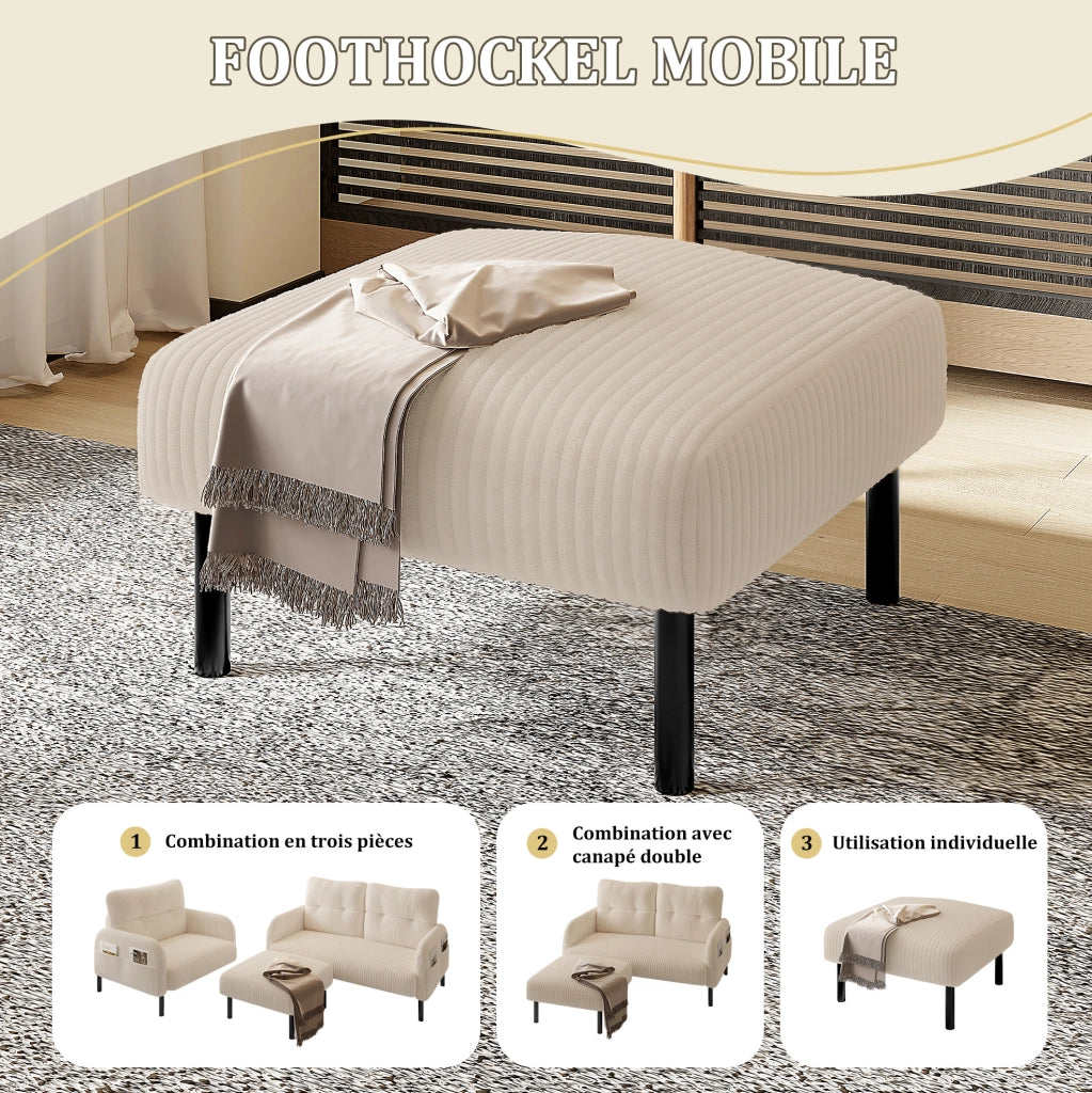 Divano 2 posti in velluto a coste con tasca laterale; 120 x 75 x 79 cm; beige