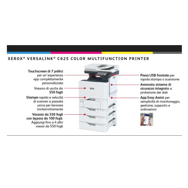 Xerox versalink c625 a4 50 ppm copia/stampa/scansione/fax f/r ps3 pcl5e/6 2 vassoi 650 fogli - C625V_DN